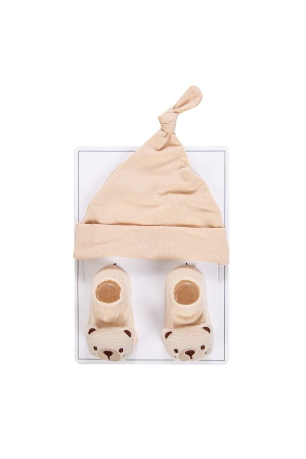 Little Champ Baby Knot Hat & Teddy Bear Socks Set - Beige