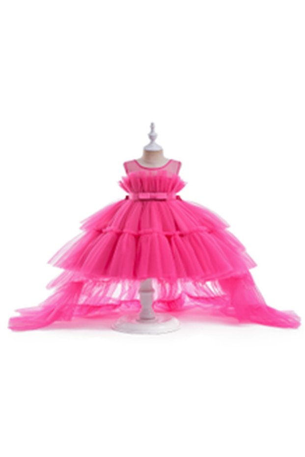 Hot Pink Tiered Ruffle Ball Gown with Bow Accent
