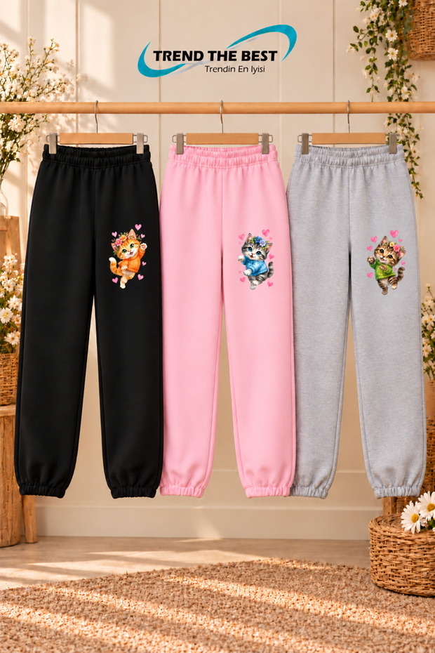 Winter, Spring, and Autumn Elastic-Leg Sweatpants Set in Black, Pink, and Gray (3-Piece)