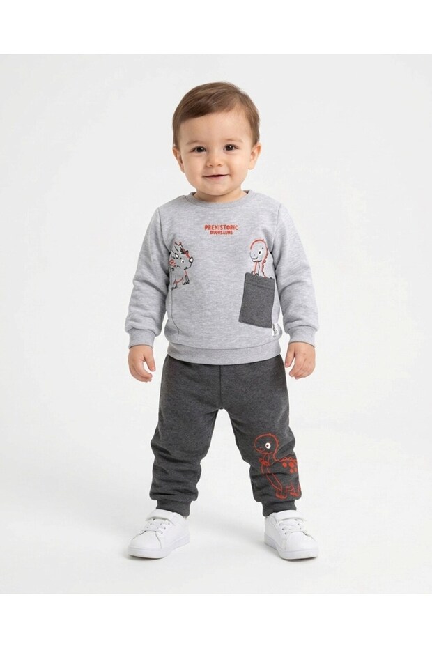 Boys' Baby Dinosaur-Printed Winter 3-Ply Fleece 1-2-3-4 Years Old 2-Piece Top and Bottom Set