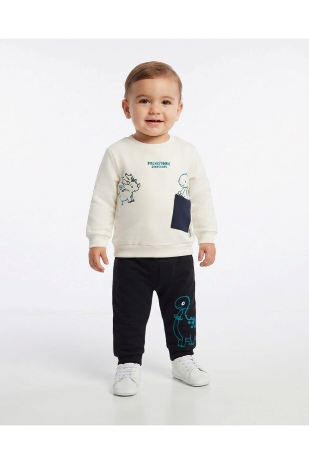 Boys' Baby Dinosaur-Printed Winter 3-Ply Fleece 1-2-3-4 Years Old 2-Piece Top and Bottom Set