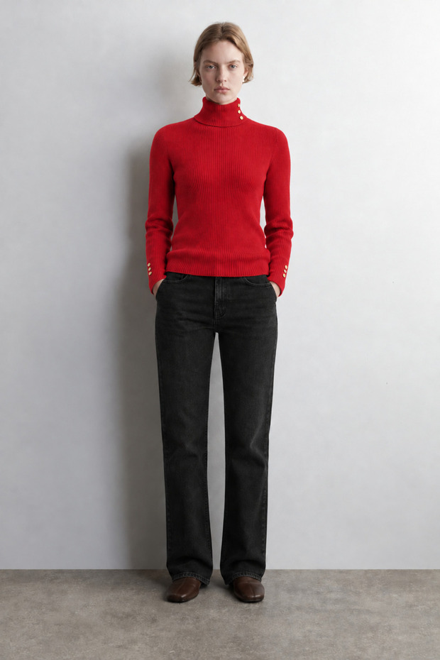 Women's Red Knitted Sweater with a Fisherman's Collar Made from Lambswool