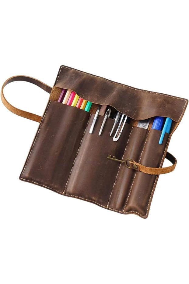 Genuine Leather Pencil Case Roll-Up Pen Pouch Wrap, Foldable Tool Stationery Storage Case for Pens, Pencils & Color Pencils, Pencil Storage Case for Adult Men & Women Office Work (Coffe)
