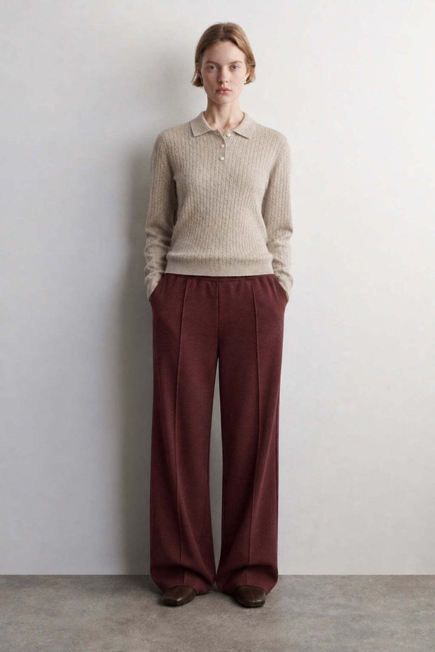 Women's Beige Knitted Polo Collar Sweater Made of Wool