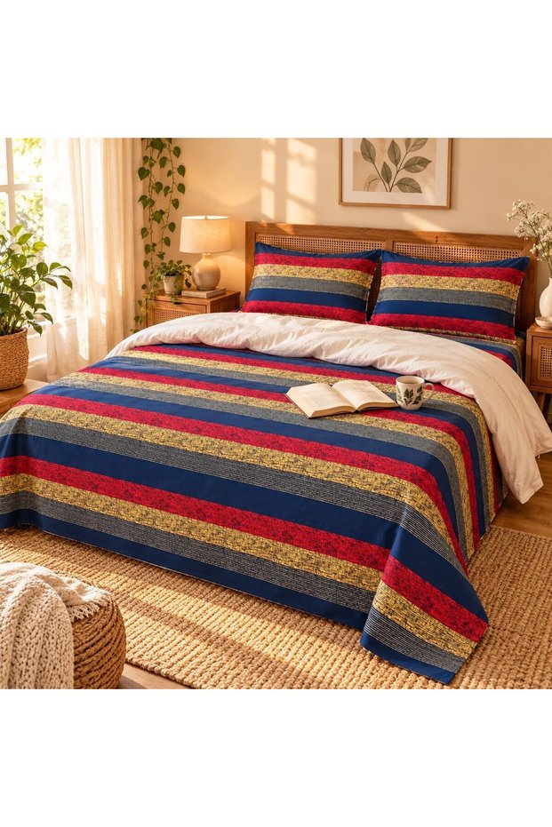 King Size Flat Bedsheet Set, 3 Pieces, 260 x 240 cm (Navy Blue)