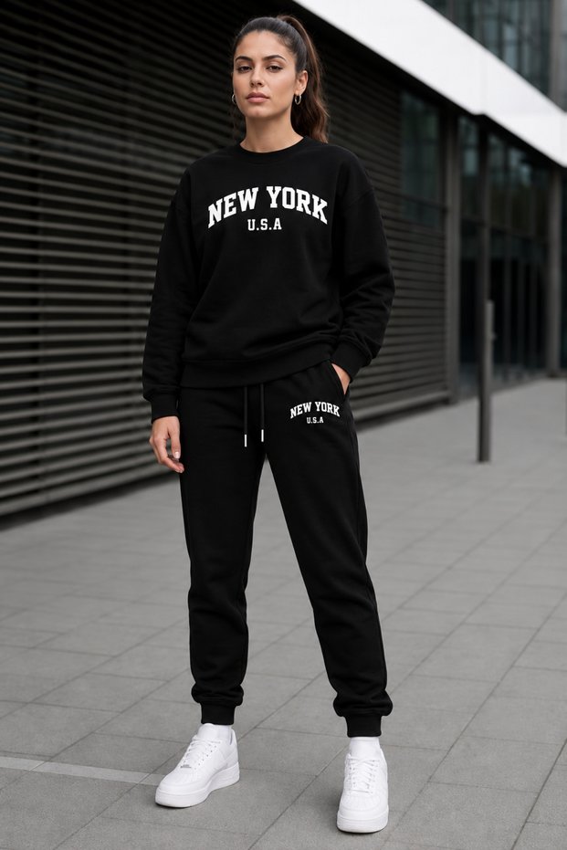 ZERO-NECK BRUSHED INSIDE TRACKSUIT, SEASONAL, WITH "NEW YORK, U.S.A." PRINT, WOMEN'S / MEN'S UNISEX STYLE