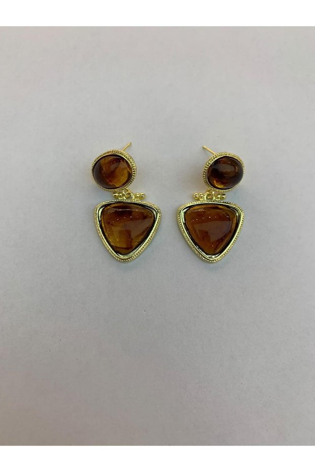 Vintage-style dangle earrings with triangle and round stones.