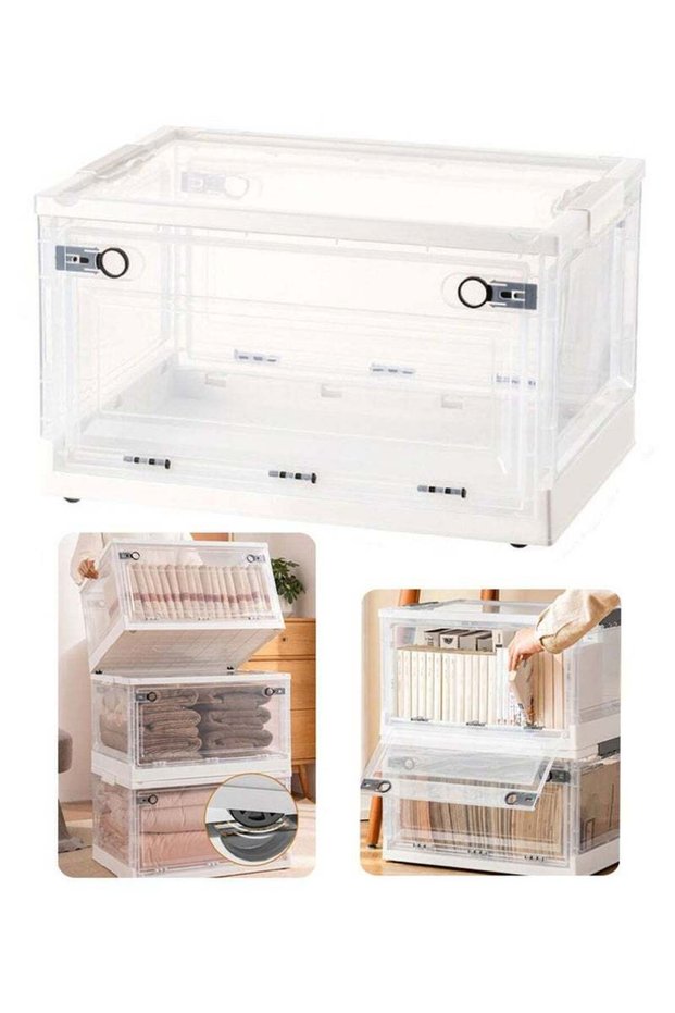 WALALLA 40L Stackable Foldable Storage Box with Lid, Wheels and Transparent Side Opening Door