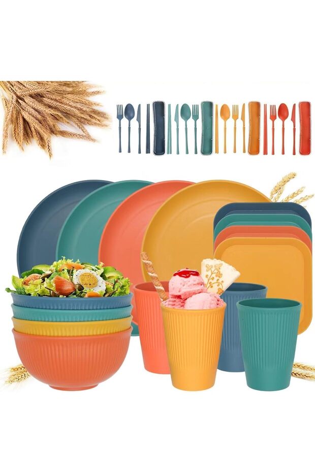32-Piece Kitchen Plastic Wheat Straw Dinnerware Set,U-HOOME Reusable Plastic Outdoor Camping Dishes