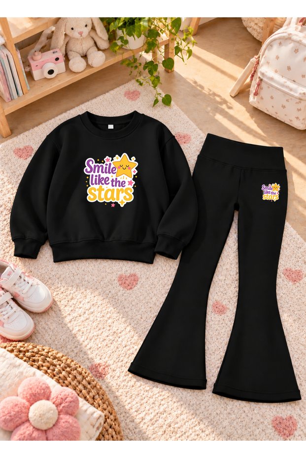 Girls' Flared Leggings Set with Crew Neck Printed Sweatshirt—3-Ply Brushed Inside Winter Cotton Set