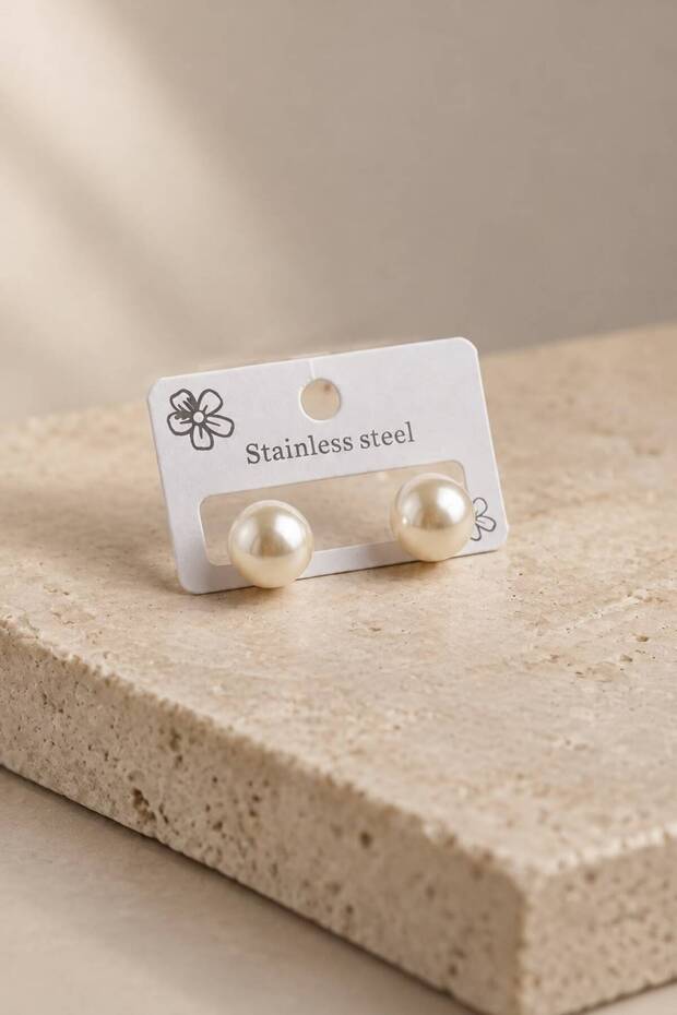 Women's Cream-Colored, Pearl-Look Stainless Steel Stud Earrings, 12 mm