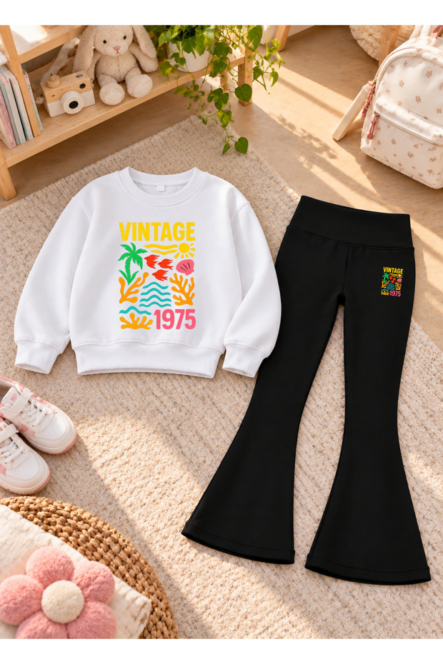 Girls' Flared Leggings Set with Crew Neck Printed Sweatshirt—3-Ply Brushed Inside Winter Cotton Set