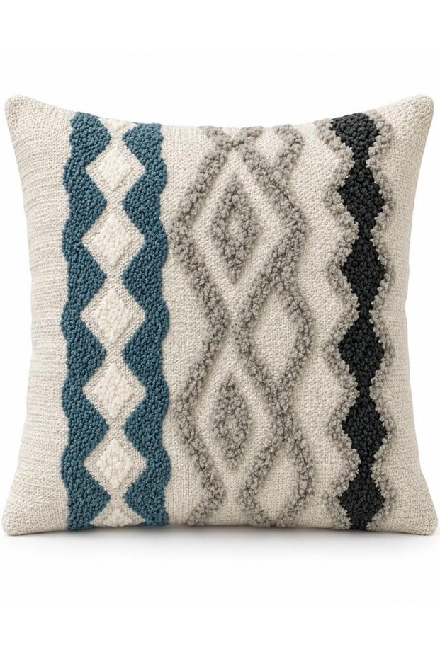 Bohemian Geometric Patterned Textured Decorative Cushion – Ecru, Teal, Gray