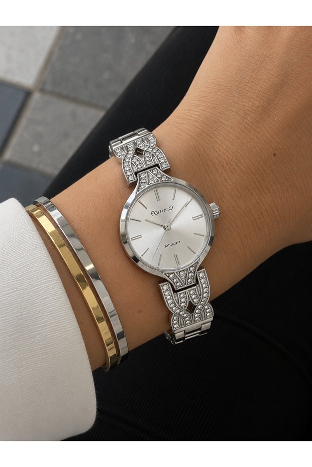 Milano Women's Silver-Colored Metal Strap, Silver Dial, Stone Embellished Round Case Analog Wristwatch, 32 mm