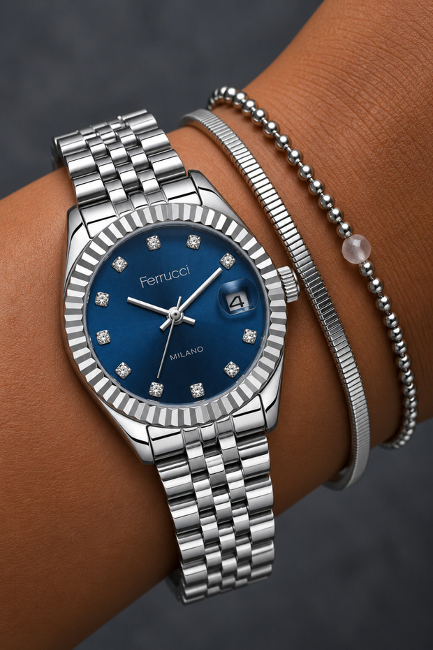 Milano Women's Analog Watch with a Silver-Colored Metal Strap, Navy Blue Dial, Stone Indexes, Round Case, and Calendar