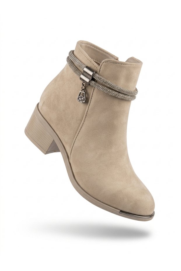 Arma 4114 Beige Stone Embellished Comfortable, Lightweight, Everyday Non-Slip Sole Heeled Women's Boots