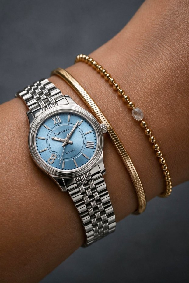 Milano Women's Analog Watch with Silver-Colored Metal Strap, Light Blue Dial, Roman Numerals, and Round Case – 33 mm