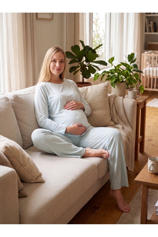 New Season Mint Crew Neck Design with Hidden Nursing Feature—Long-Sleeved Postpartum and Maternity Pajama Set