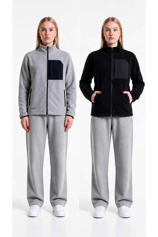 Women's Thick Outdoor Fleece-Lined Jacket with Zippered Front Pockets (2-Piece Set)