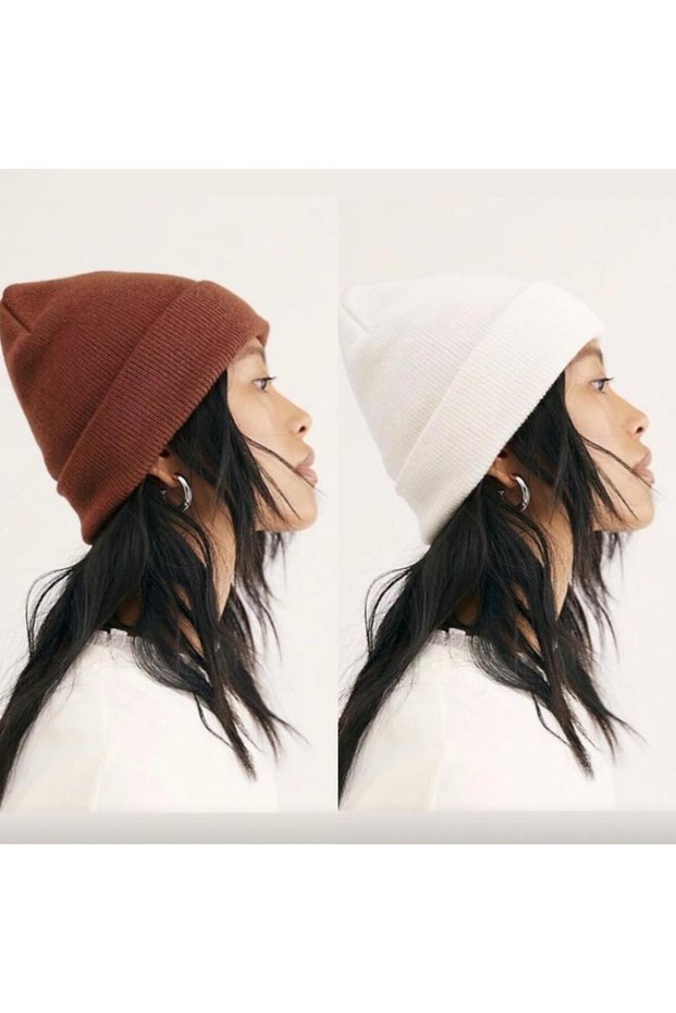 Unisex Foldable Brown-White Two-Piece Beanie Set