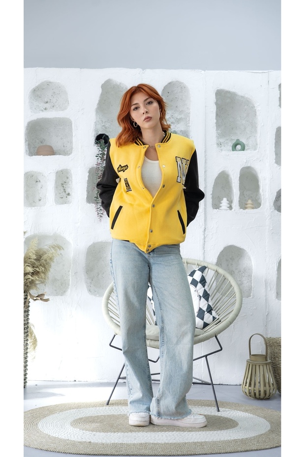 Women's Yellow and Black Sleeve Embroidered Snap-Fastened College Jacket