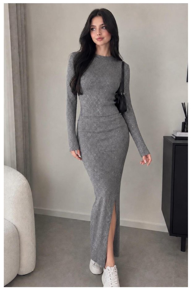 Women's Gray Glittery Corded Fabric Long-Sleeve Blouse and Slit Maxi Skirt Set