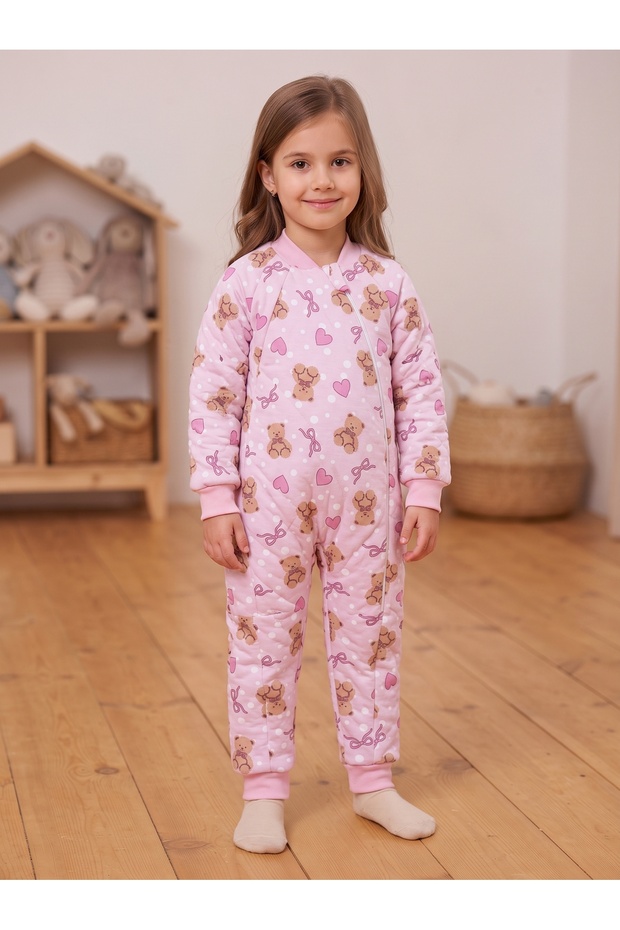 Pink Teddy Bear Print Padded One-Piece Outfit for Children Ages 1–6, 2.6 Tog