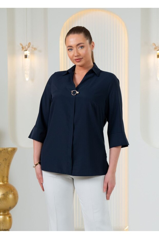 Plus Size Chiffon Blouse with Pearl and Buckle Detail