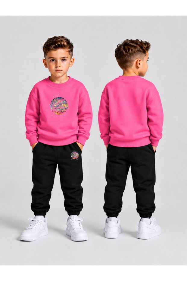 Children's Printed Winter Sweatsuit Top and Bottom Set: 3-Ply Brushed Inside Crew Neck Sweatshirt and Cotton Pants Set