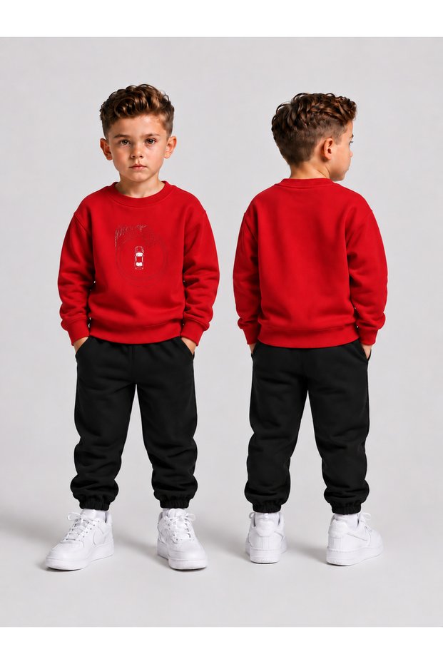 Children's Winter Printed 3-Ply Brushed Inside Crew Neck Sweatshirt and Cotton Top and Bottom Set