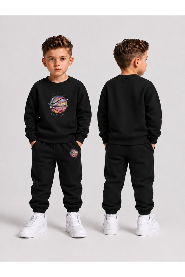 Children's Printed Winter Sweatsuit Top and Bottom Set: 3-Ply Brushed Inside Crew Neck Sweatshirt and Cotton Pants Set
