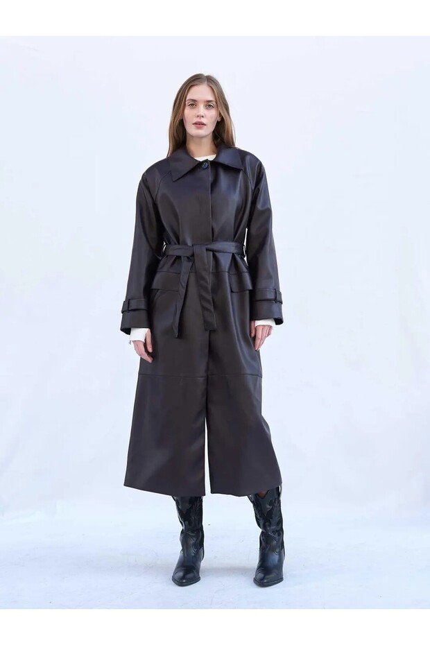 Women's Black Soft Leather-Belted Maxi Trench Coat - Oversized Buttoned Faux Leather Coat