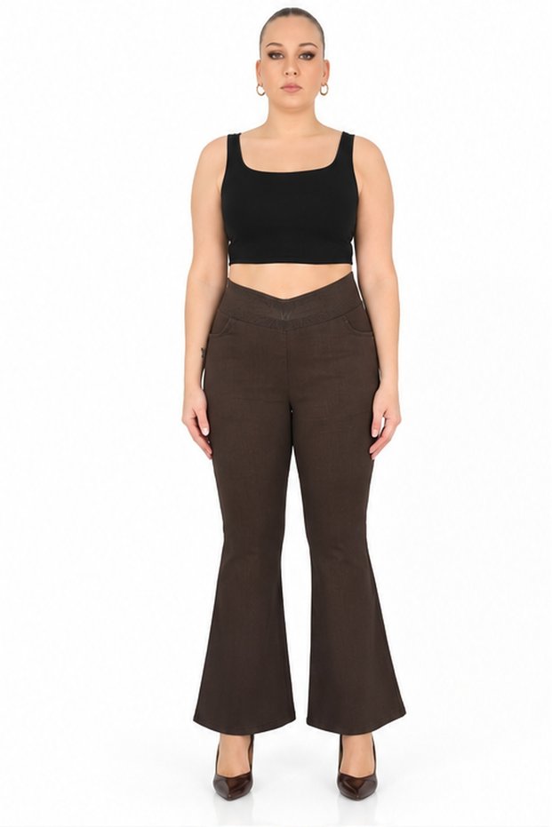 Plus-Size Women's High-V-Cut Flared Cotton-Stretch Fabric Trousers with Elastic Waistband and Pockets, Sizes 42–48