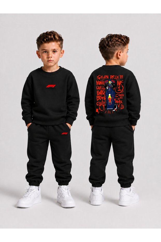Children's Printed Winter Sweatsuit Top and Bottom Set: 3-Ply Brushed Inside Crew Neck Sweatshirt and Cotton Pants Set