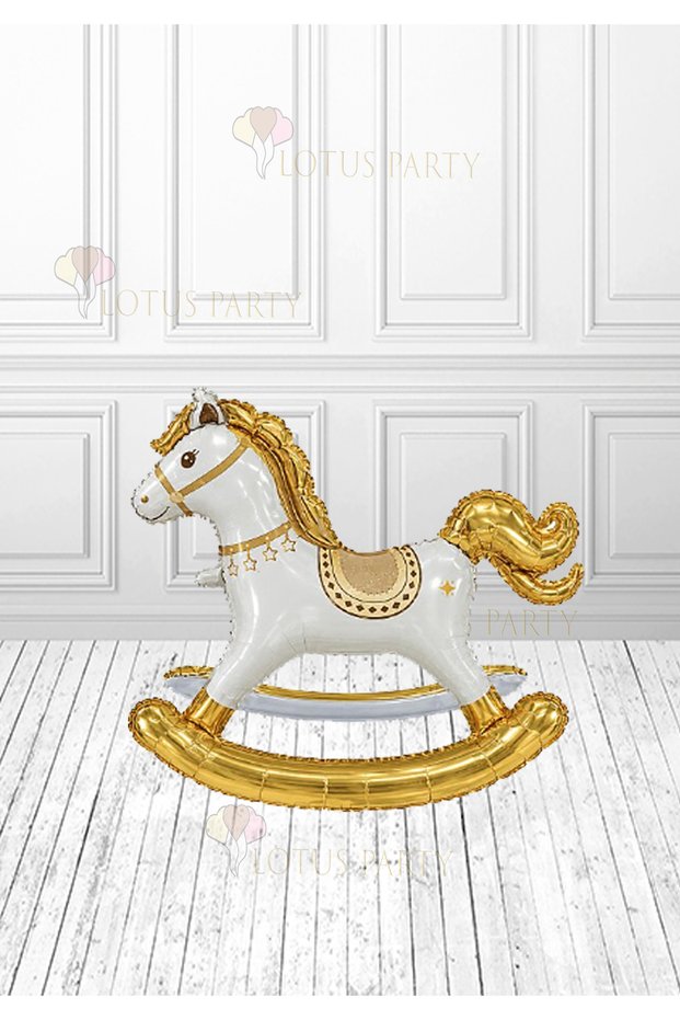 Large Retro Rocking Horse Foil Balloon - Gold-Colored Rocking Horse Foil Balloon, 1 Piece, Gold Color