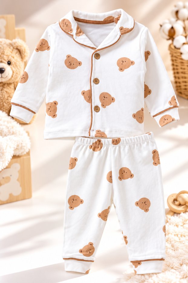 Children's Pajama Set with Teddy Bear Print—Long-Sleeved, Button-Up Top and Bottom Set—Ages 3–7