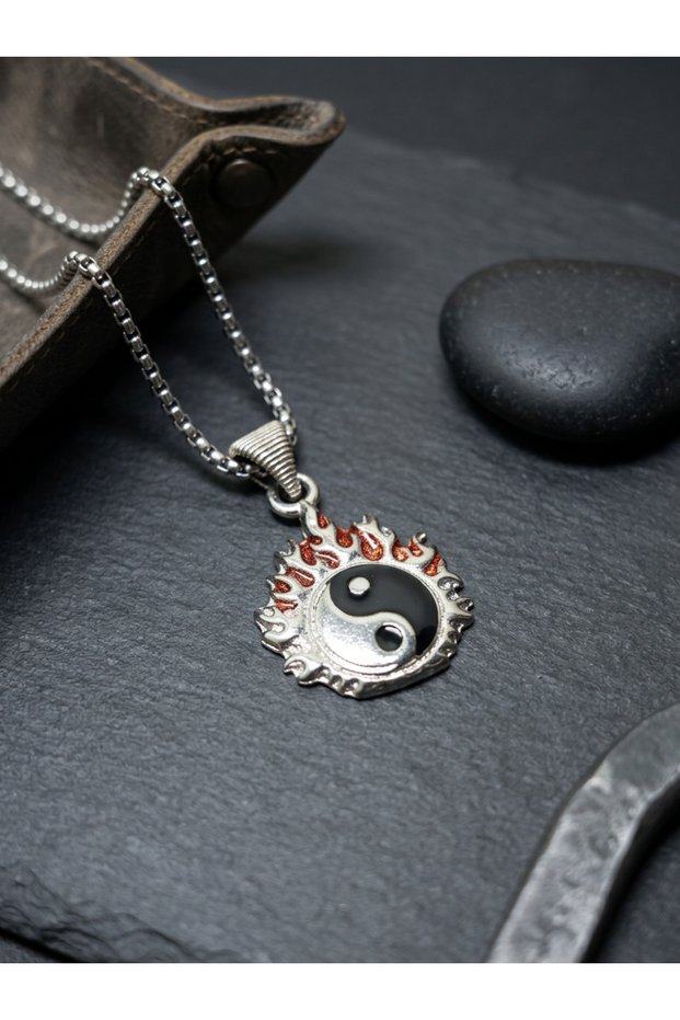 Steel Chain Men's Necklace with Yin-Yang and Flame Motifs, Enameled