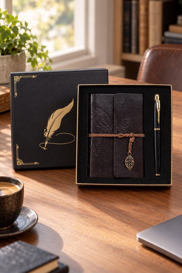 1 Leather Notebook and Metal Rollerball Pen Set – Gift Box with Leaf Pattern, Notebook Pen Suitable for Printing