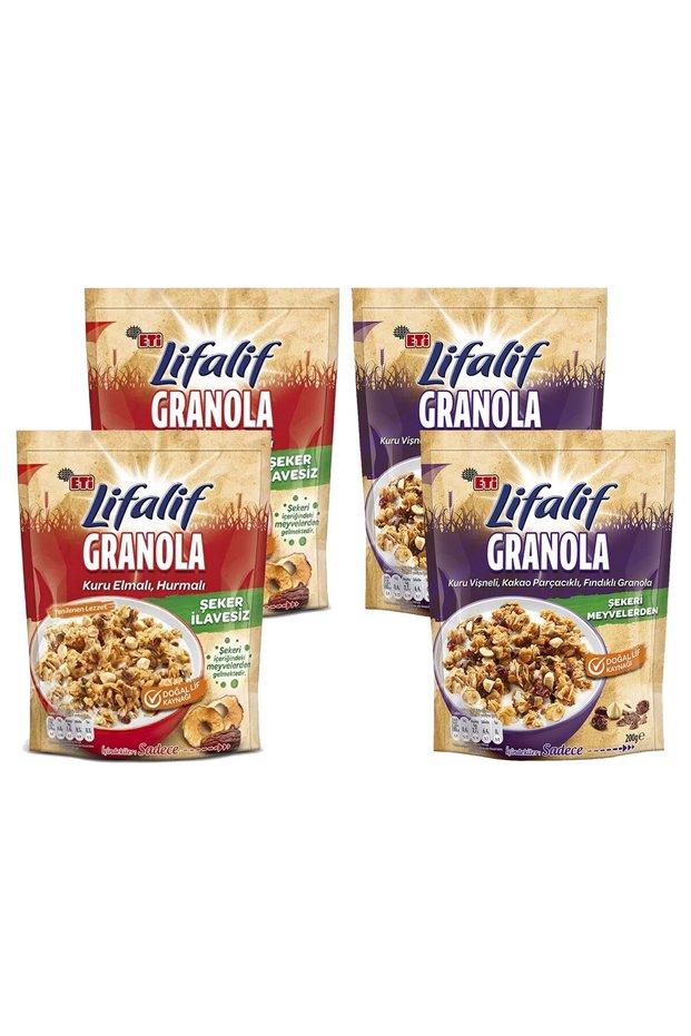 Lifalif Granola with Dried Apple, Date, Dried Cherry, Cocoa, and Hazelnuts, 200 g, 4-Pack Assorted Pack