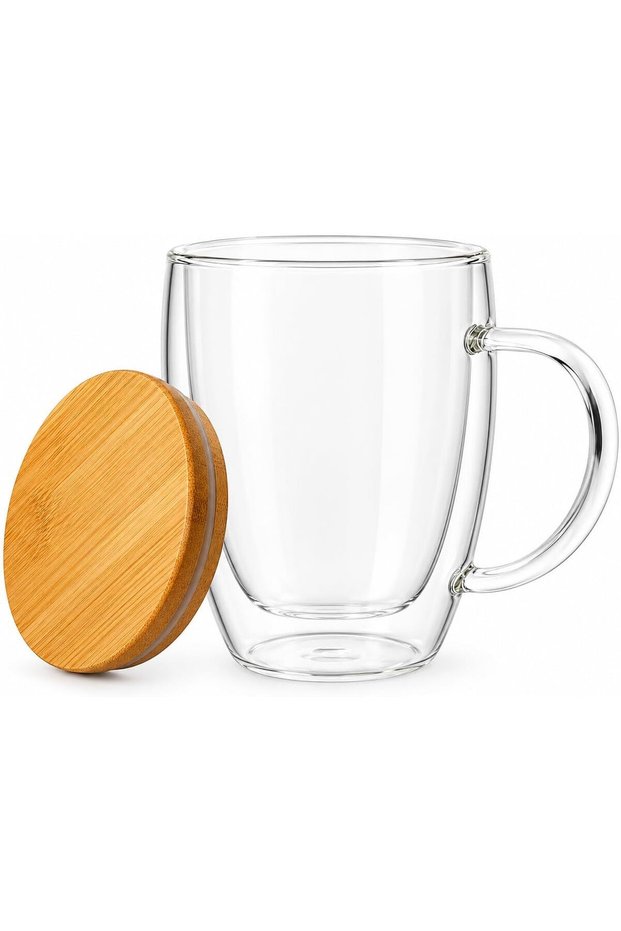 250ml Double-Wall Glass Mug with Wooden Lid – Modern Coffee and Tea Cup