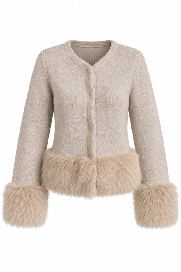 Beige Fur-Trimmed Cardigan - 2y251104