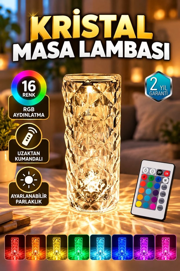 Crystal LED Desk Lamp – 16-Color RGB Lighting, Remote-Controlled, and Adjustable Brightness