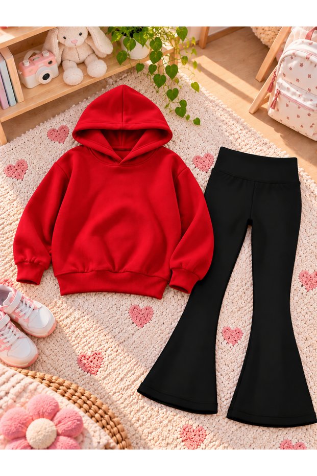 Girls' Flared Leggings Set—Winter, Unprinted, Hooded Sweatshirt Top and Bottom Set (3-Ply Brushed Inside Ribbed), Unprinted