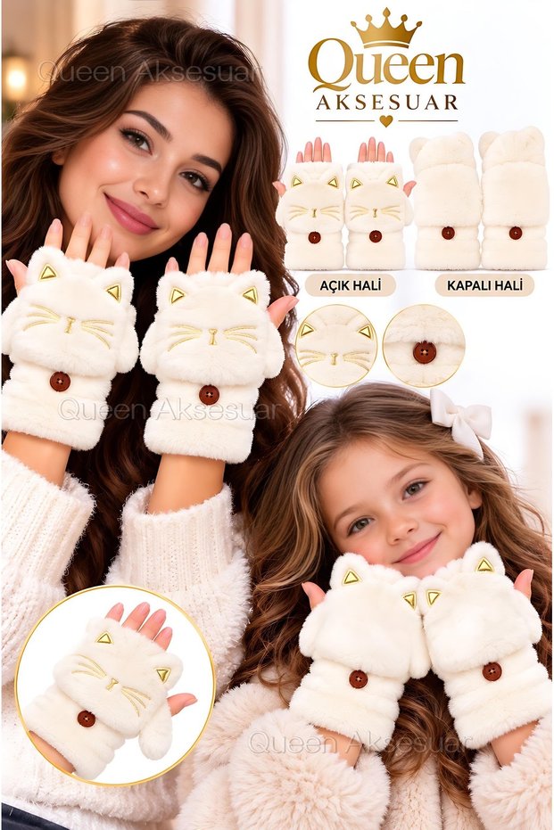 girls' adult-sized standard plush, furry, open-top, closed-top, foldable, buttoned gloves with glittery sequins, cat ears, white