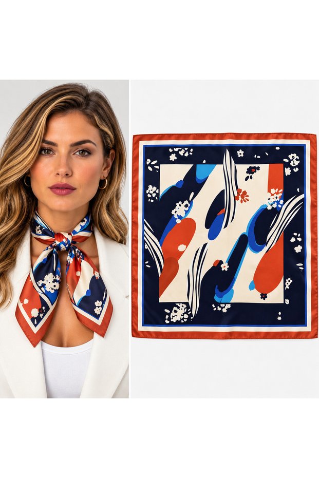 Navy Blue and Orange Patterned Scarf / Bandana 50x50