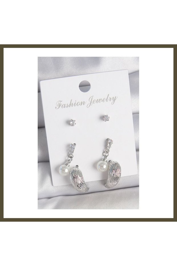 Silver-Toned Rice-Shaped Drop-Style Earrings with Zircon Stones, Set of 3 Pairs, Women's Earring Set BX