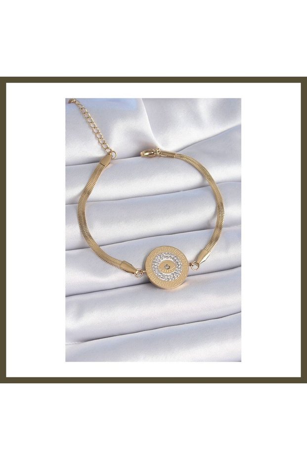 316L Steel, Gold-Colored, Italian Chain, Zircon-Set, Eye-Engraved Medallion-Style Women's Bi BX