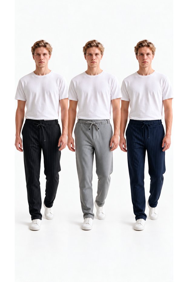 Men's 3-Piece Jogger Pants with Stripes, Zipper, Buttons, and Zippered Pockets, Regular Fit