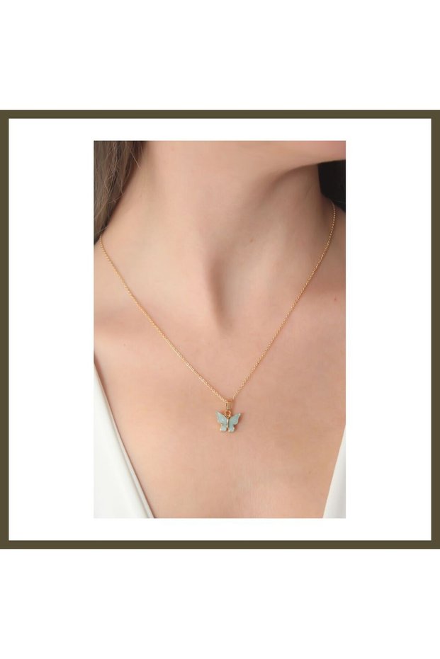 Gold-Toned Aqua Green Butterfly-Shaped Women's Necklace BX