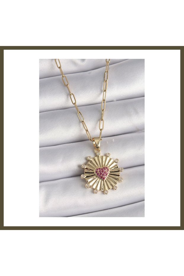 316L Stainless Steel Gold-Colored Women's Necklace with Pink Zircon Stone Engraved Medallion Model BX
